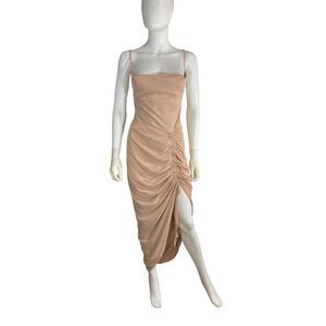 Pretty Little Thing Women’s 8 Nude Ruched Side Split Maternity MIDI Dress Mesh